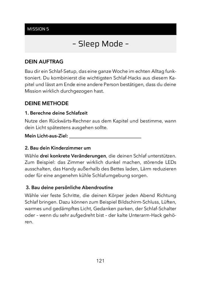 Buchseite mit Mission 5 „Sleep Mode“: Auftrag, Methode und Felder zum Eintragen