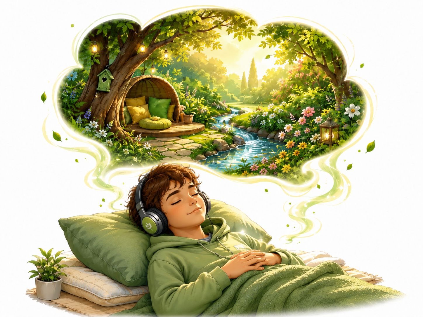 Illustration: ein Kind hört mit Kopfhörern die geführte Meditation und träumt von einem Garten mit Bach und Blumen